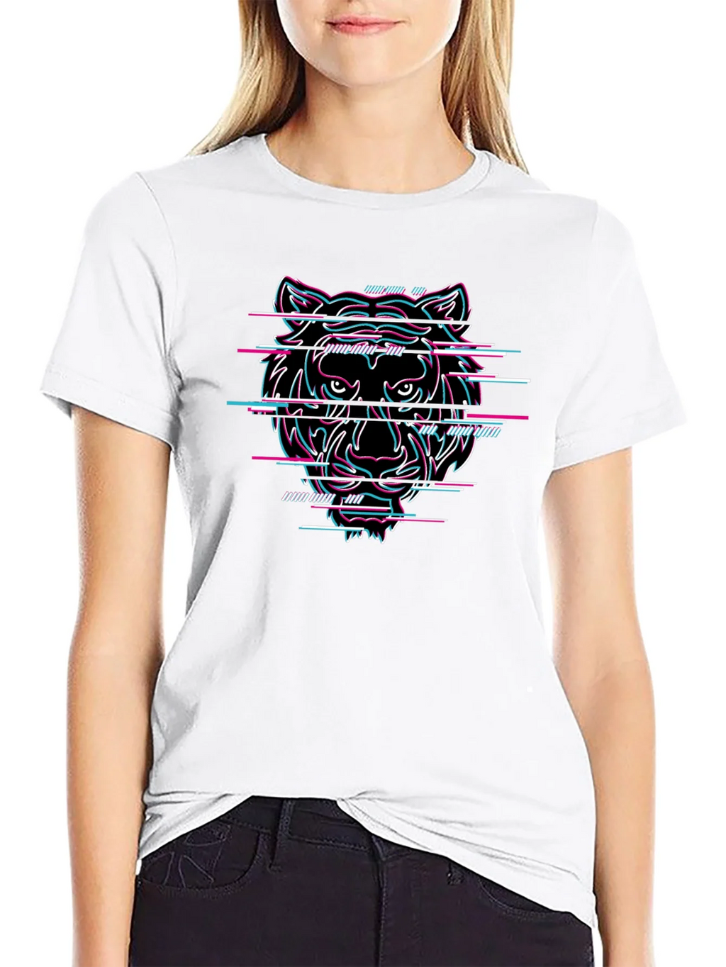 Glitch Tiger Graphic Black T-Shirt