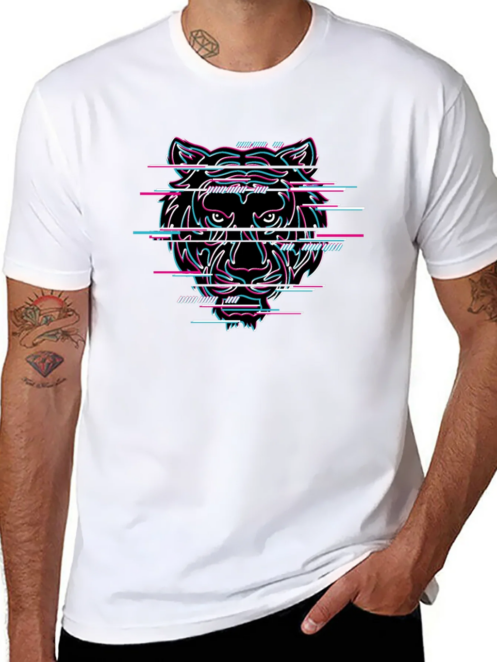 Glitch Tiger Graphic Black T-Shirt