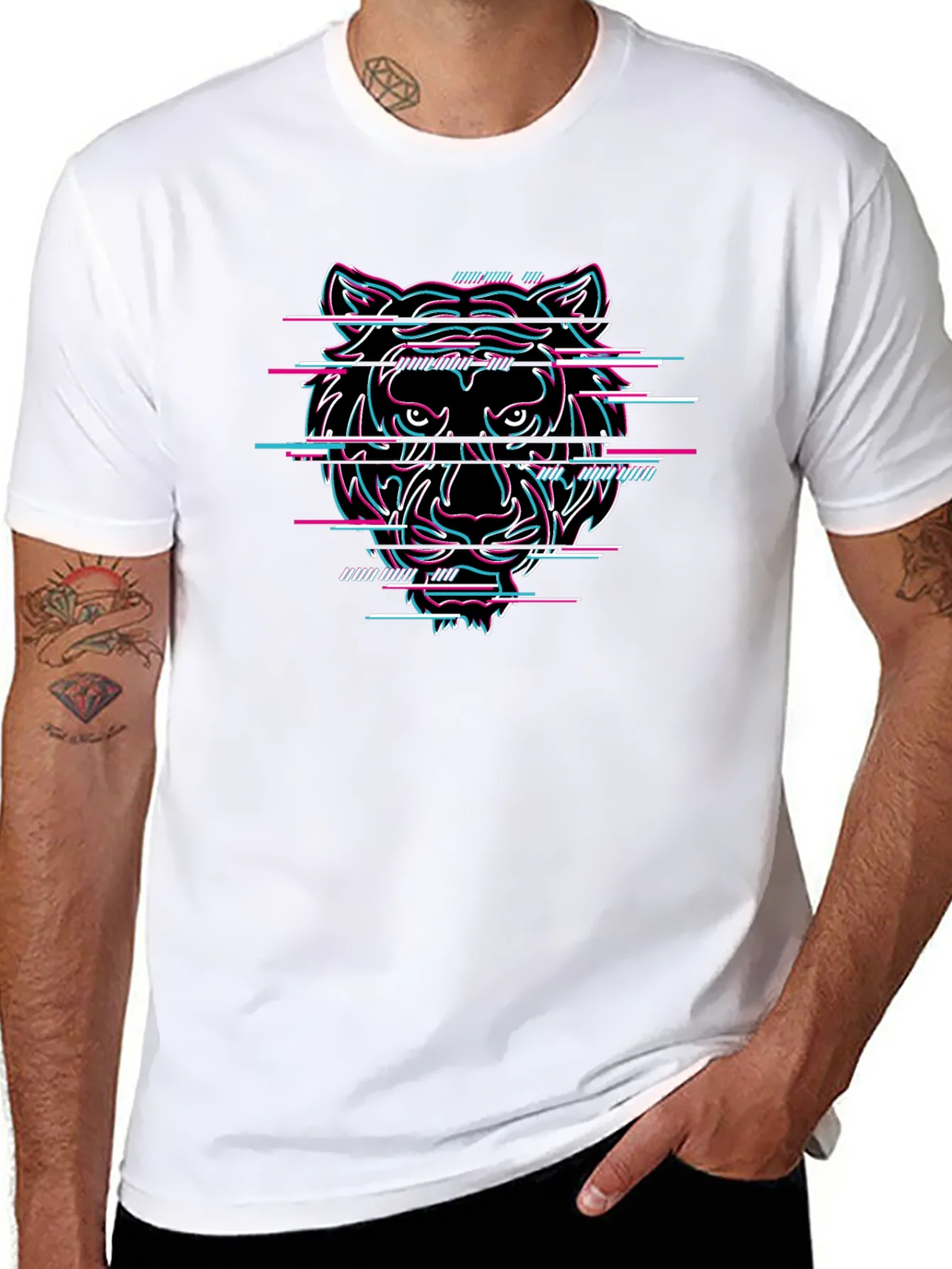 Glitch Tiger Graphic Black T-Shirt