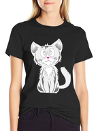 Cartoon Cat Graphic Tee - Black Cotton