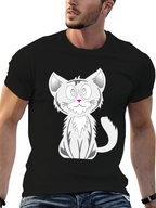 Cartoon Cat Graphic Tee - Black Cotton