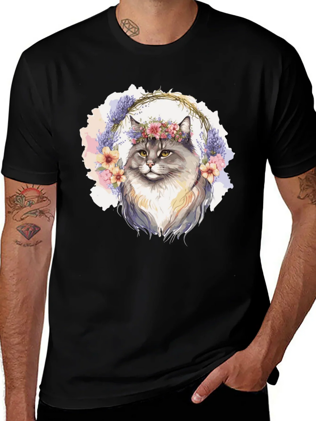 Floral Crown Cat T-Shirt - Unisex Black Tee