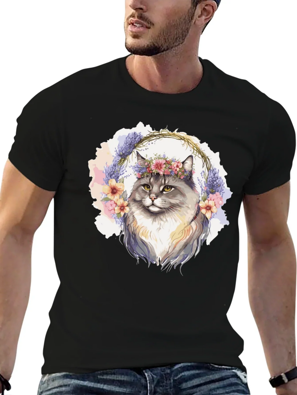 Floral Crown Cat T-Shirt - Unisex Black Tee