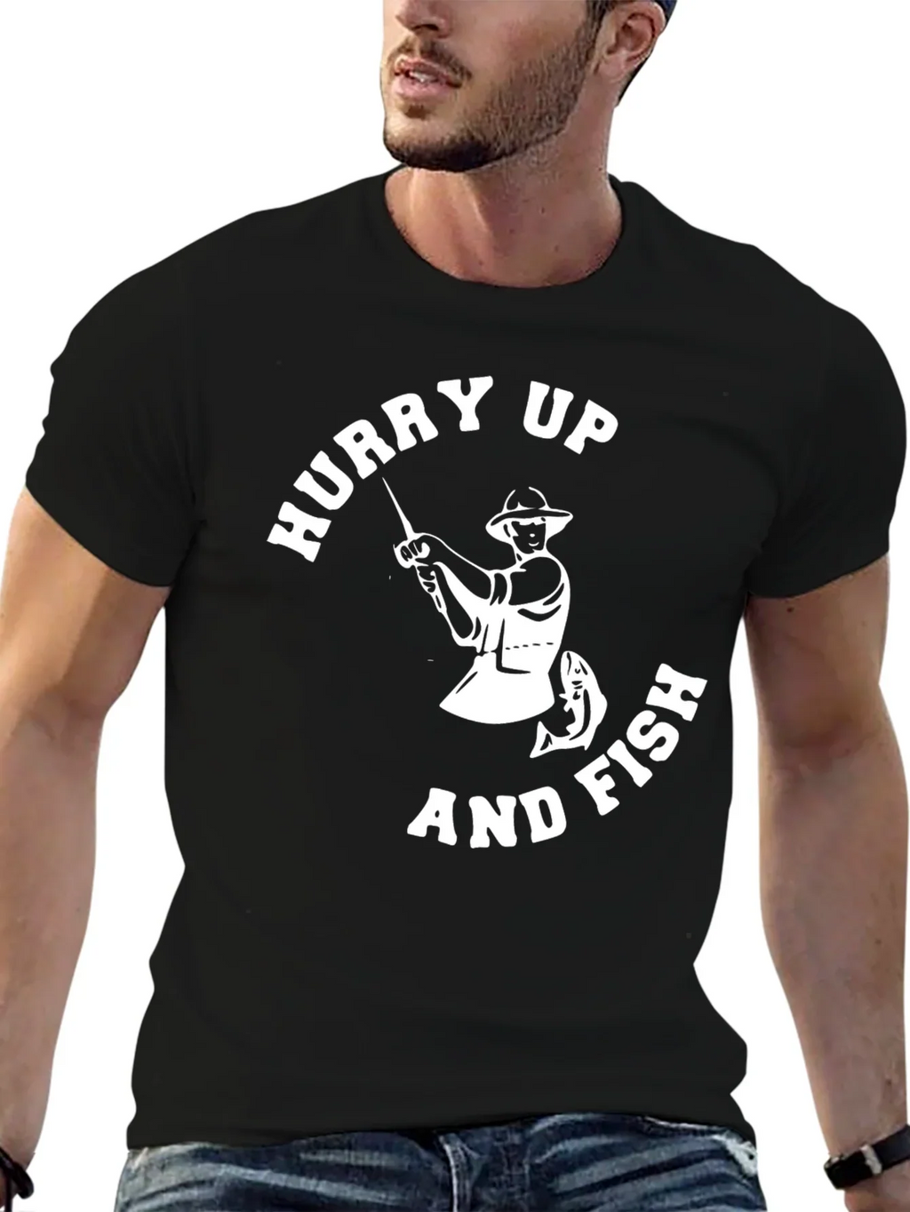 Hurry Up and Fish Mens Graphic T-Shirt